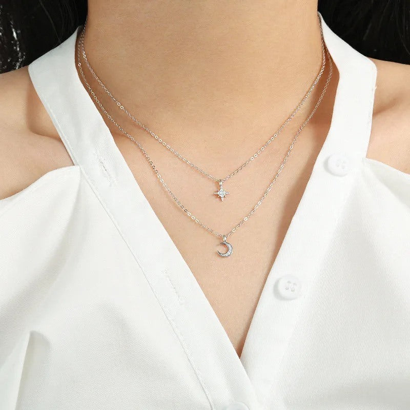 silver celestial layered necklace star and moon pendant