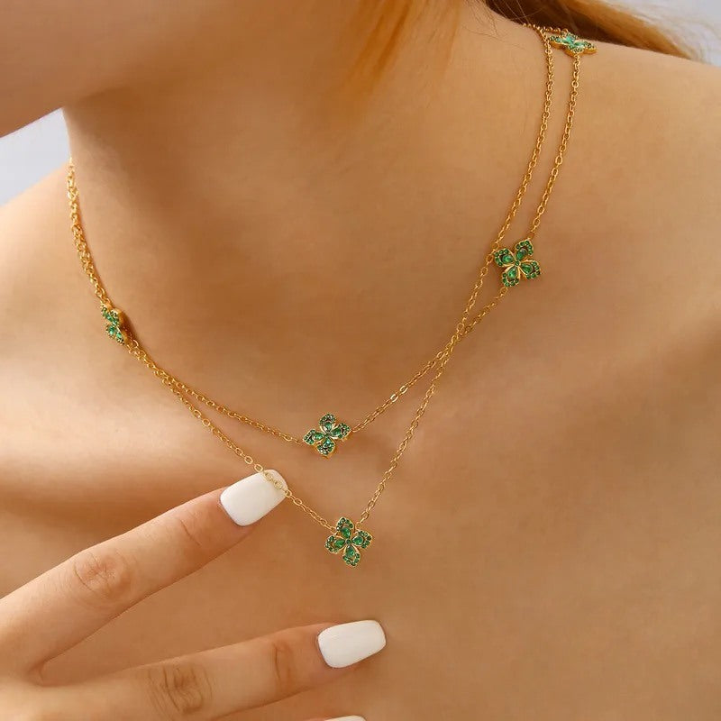 green clover layered necklace gold plated double chain