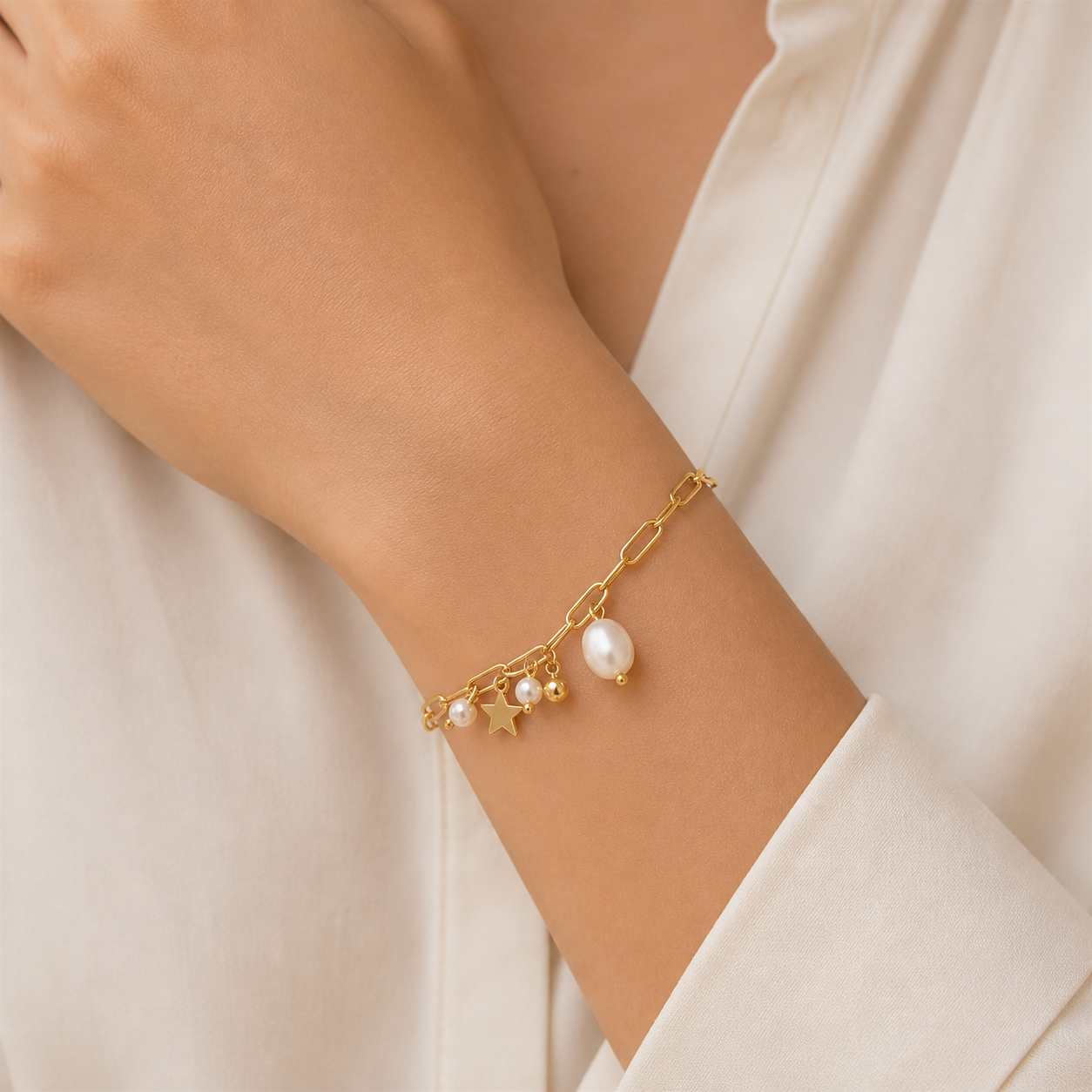 gold charm bracelet pearl star dainty link chain design