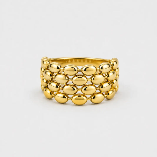Gold Beaded Statement Ring Multi Layer Elegant Design