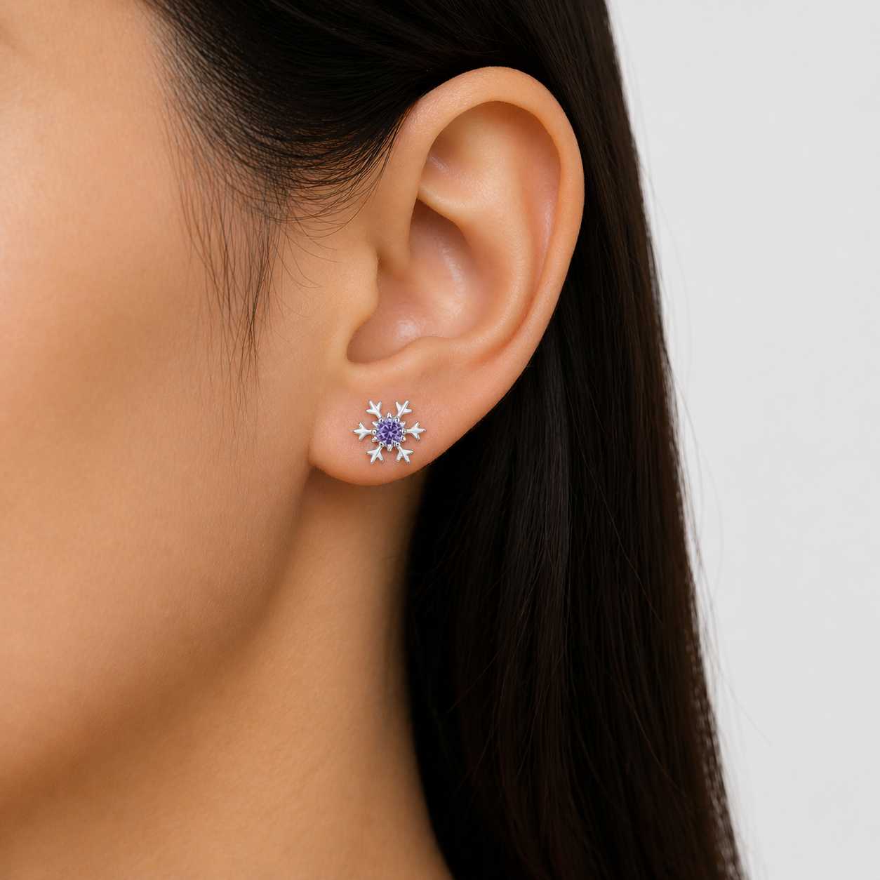 snowflake stud earrings silver crystal purple stone design