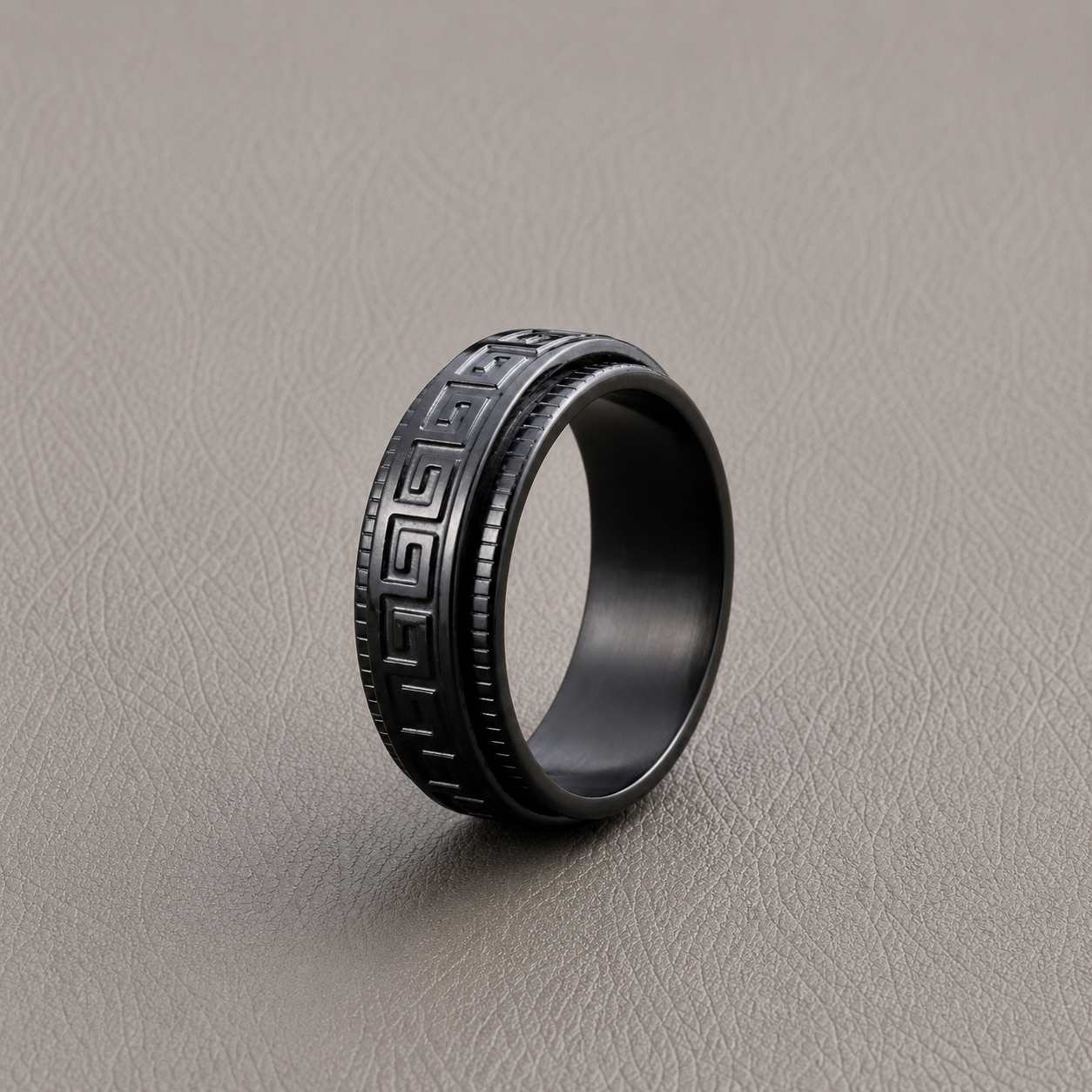 black engraved men’s ring geometric pattern band