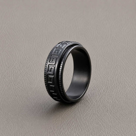 Black Engraved Men’s Ring Geometric Pattern Band