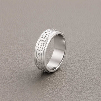 Silver Greek Pattern Men’s Ring Luxury Band
