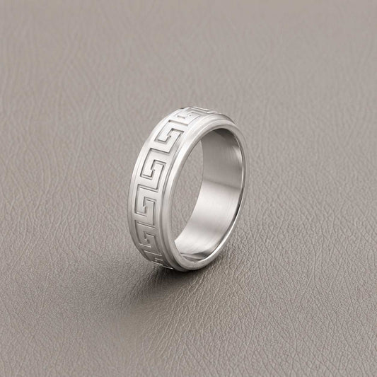 Silver Greek Pattern Men’s Ring Luxury Band