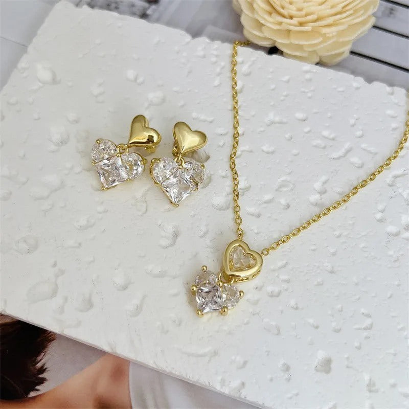 heart crystal pendant necklace and earrings set gold plated