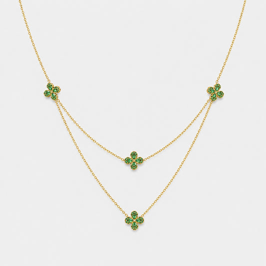 Green Clover Layered Necklace Gold Plated Double Chain