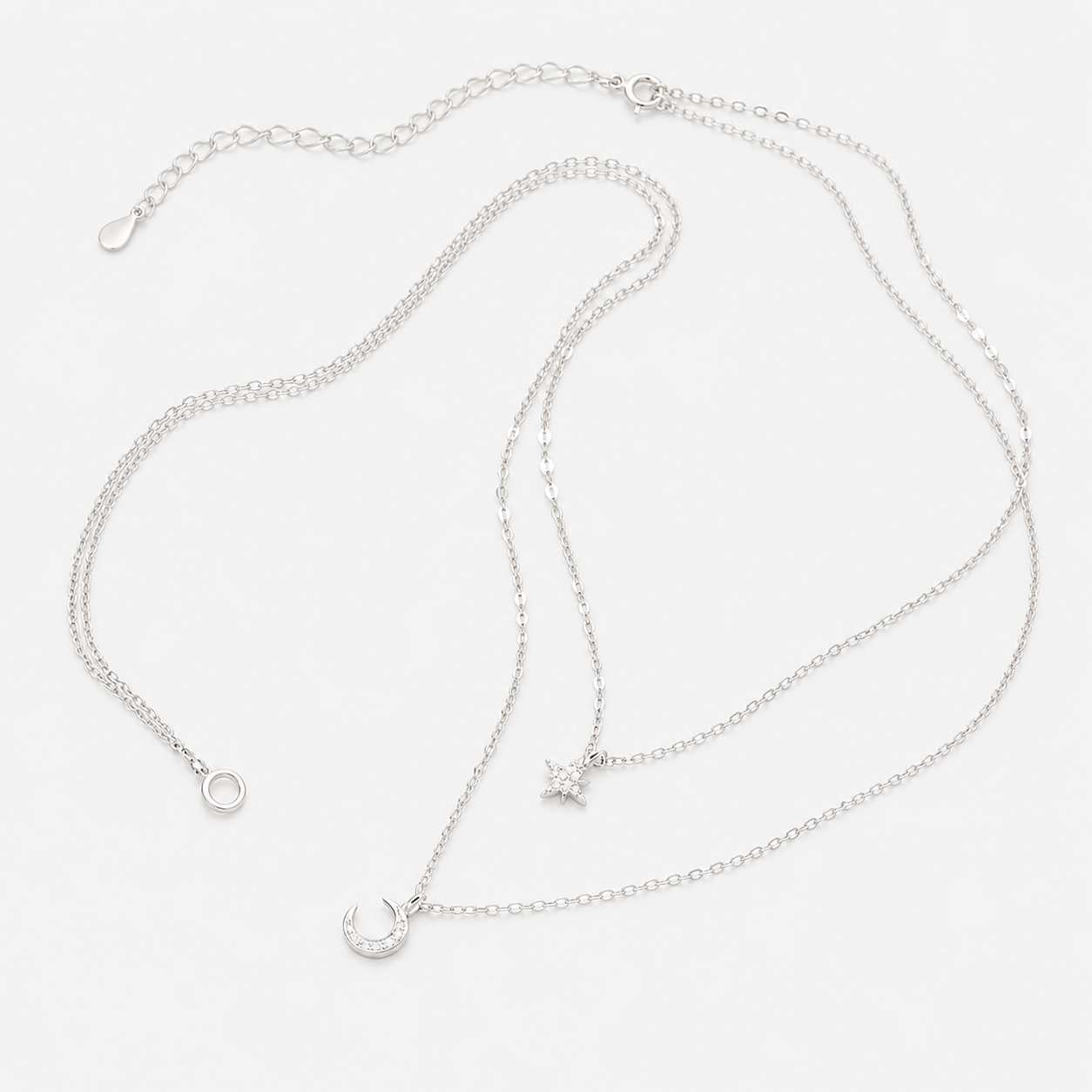 layered necklace silver star moon pendant double chain