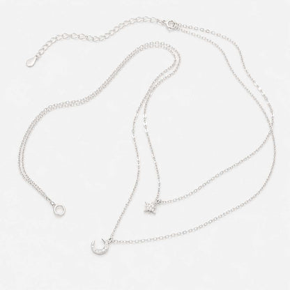 Layered Necklace Silver Star Moon Pendant Double Chain