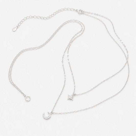 Layered Necklace Silver Star Moon Pendant Double Chain