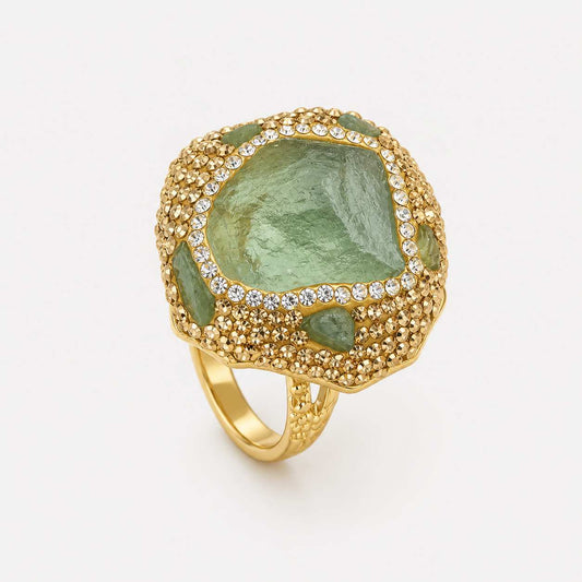 Green Stone Statement Ring Gold Textured Halo Design