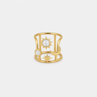 Celestial Pearl Open Ring Gold Sun Moon Star Design