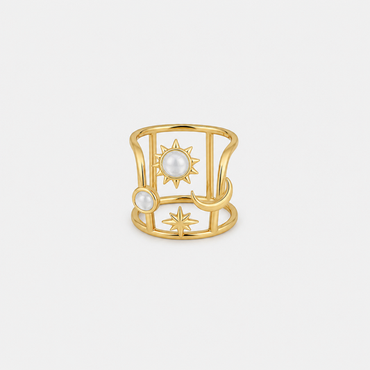 Celestial Pearl Open Ring Gold Sun Moon Star Design