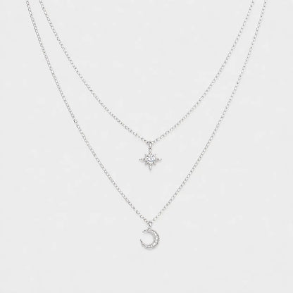 Silver Celestial Layered Necklace Star and Moon Pendant