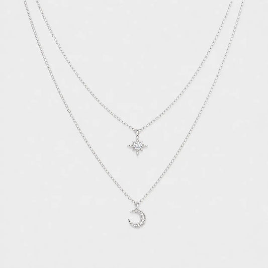 Silver Celestial Layered Necklace Star and Moon Pendant