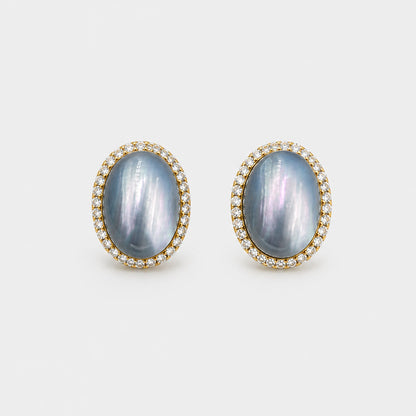 Blue Opal Oval Stud Earrings Gold Crystal Halo