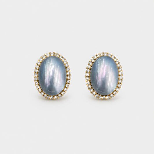 Blue Opal Oval Stud Earrings Gold Crystal Halo