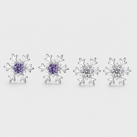 Snowflake Stud Earrings Silver Crystal Purple Stone Design