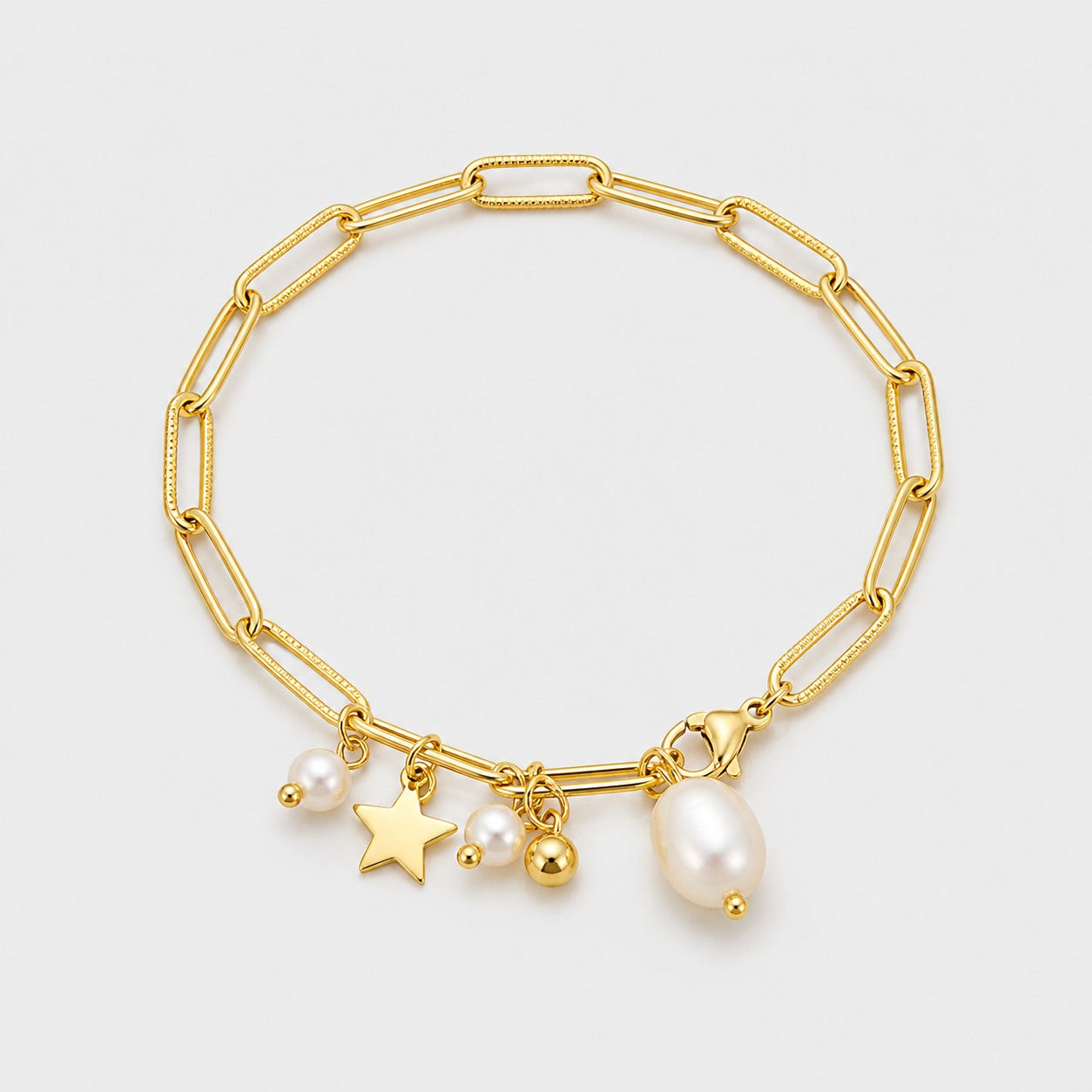 gold charm bracelet pearl star dainty link chain design