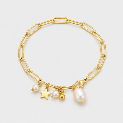 Gold Charm Bracelet Pearl Star Dainty Link Chain Design
