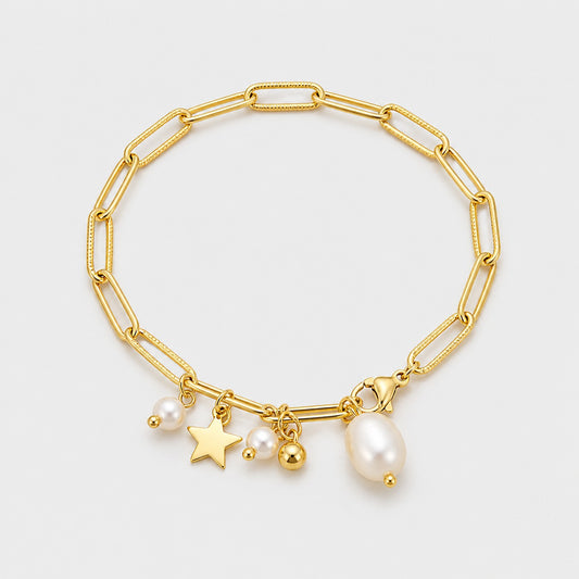 Gold Charm Bracelet Pearl Star Dainty Link Chain Design