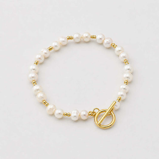 Gold Pearl Toggle Clasp Bracelet Elegant Minimal