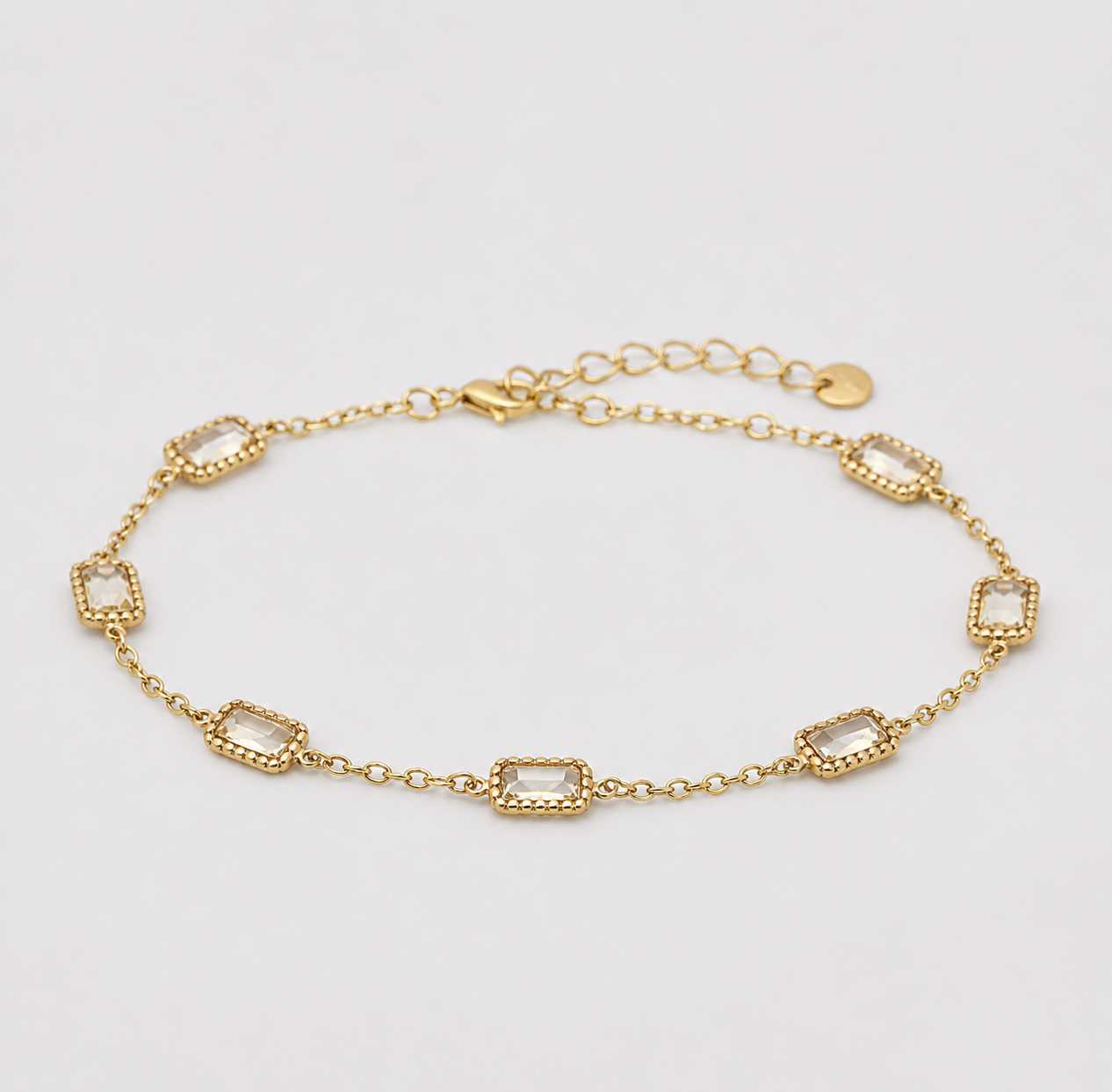 gold crystal square chain bracelet minimal elegant