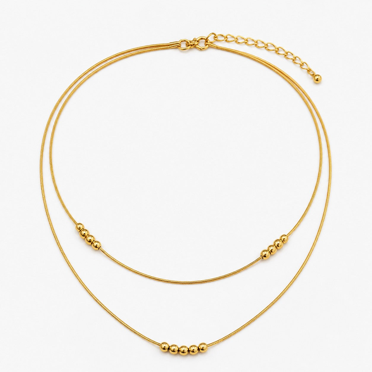 gold bead layered necklace double chain minimal design