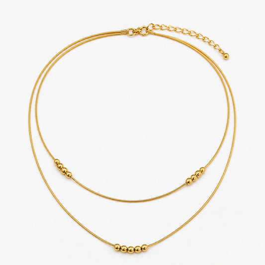 Gold Bead Layered Necklace Double Chain Minimal Design