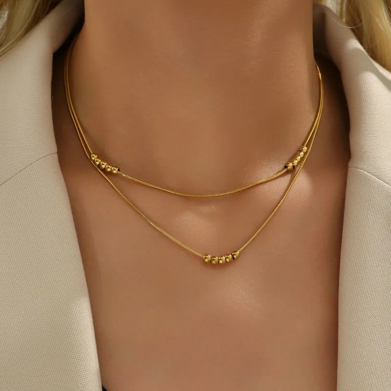 gold bead layered necklace double chain minimal design