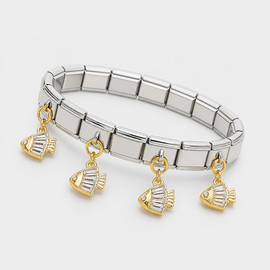 Charm Link Bracelet Silver Gold Fish Design