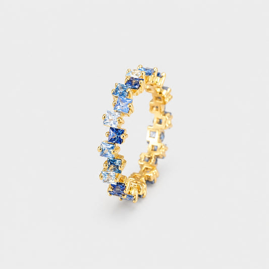 Blue Crystal Eternity Ring Gold Plated Square Stones