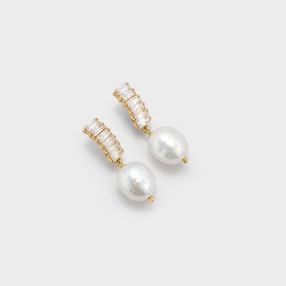 Pearl Drop Earrings Gold Plated Crystal Bar Design