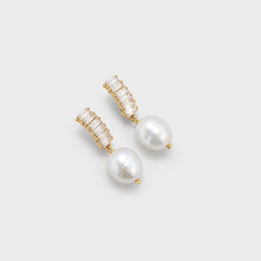 Pearl Drop Earrings Gold Plated Crystal Bar Design