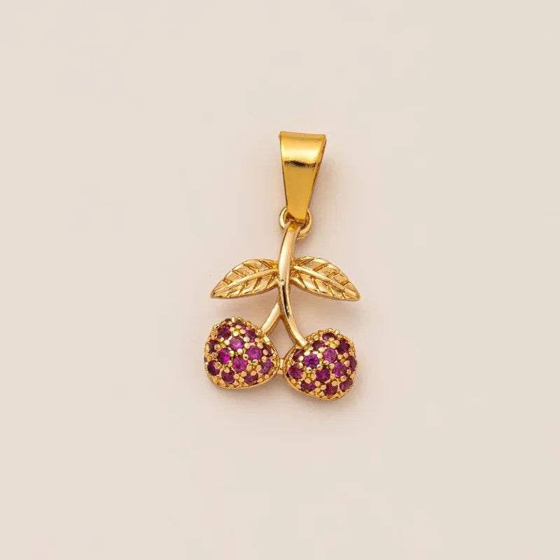 cherry pendant gold pink stone double cherry design