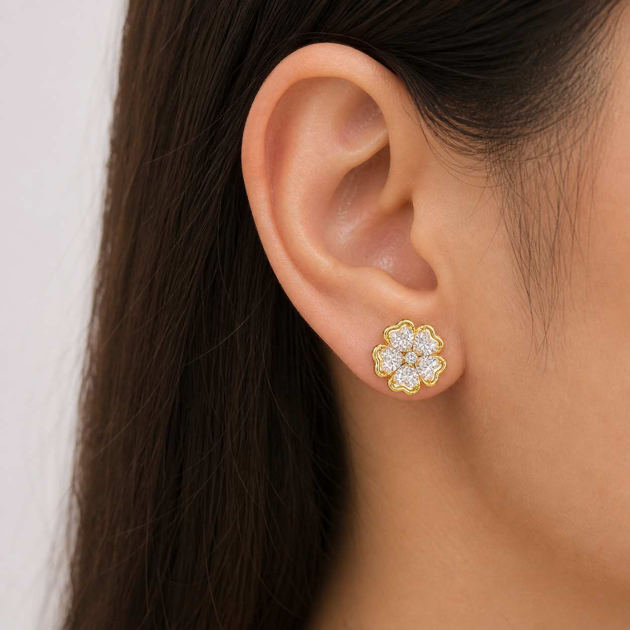 gold flower stud earrings crystal petal design