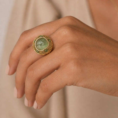 Green Stone Statement Ring Gold Textured Halo Design