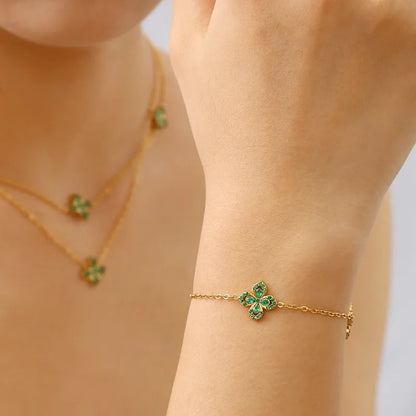 Green Clover Chain Bracelet Gold Plated Adjustable