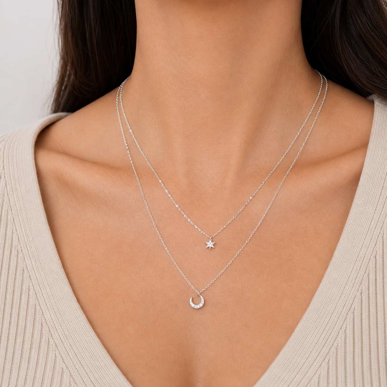 layered necklace silver star moon pendant double chain