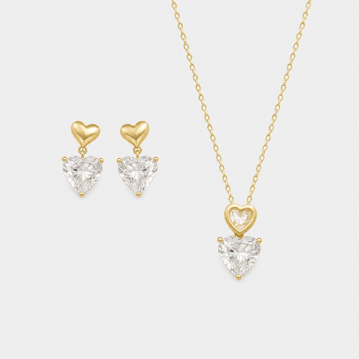 heart crystal pendant necklace and earrings set gold plated