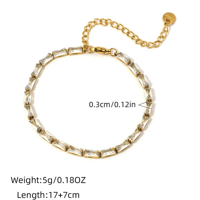 gold crystal tennis bracelet rectangular stone design