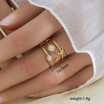 Celestial Pearl Open Ring Gold Sun Moon Star Design