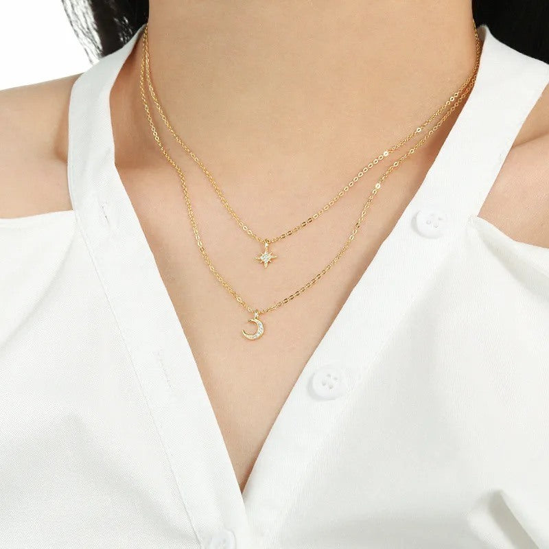 celestial layered necklace gold star moon pendant
