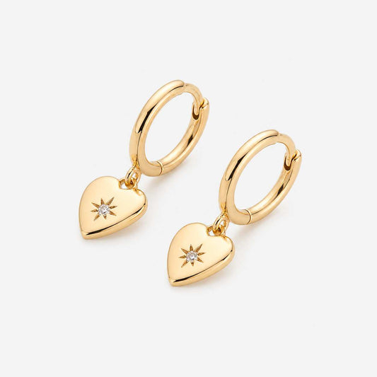 Gold Heart Drop Hoop Earrings Star Detail Charm
