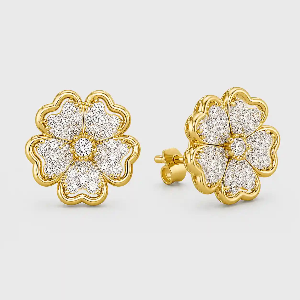 gold flower stud earrings crystal petal design