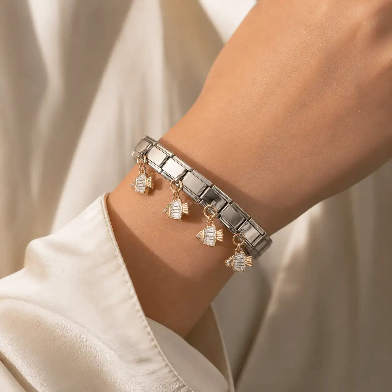 charm link bracelet silver gold fish design