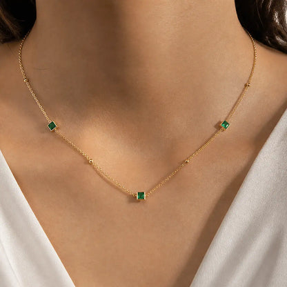 Green Square Stone Necklace Gold Plated Minimal Chain