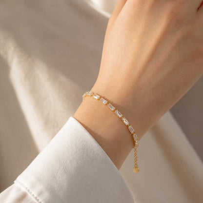 Gold Crystal Tennis Bracelet Rectangular Stone Design