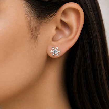 Snowflake Stud Earrings Silver Crystal Purple Stone Design
